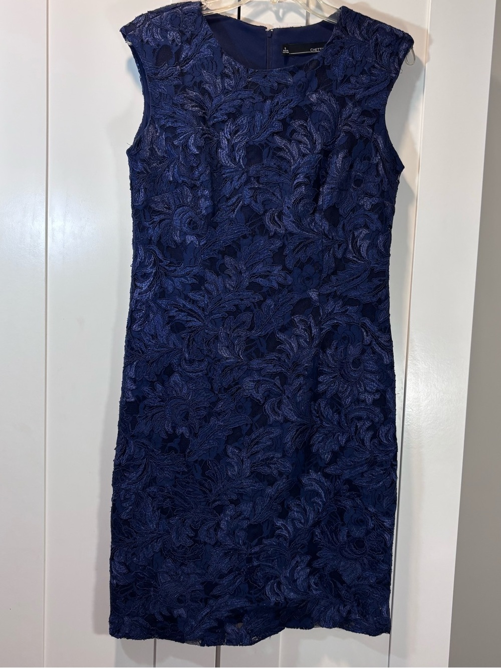 Chetta B 8 Navy Blue Floral Lace Sheath Dress Cocktail Sleeveless Wedding Guest